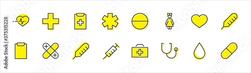 Set of Medicine vector line icons. It contains the first aid kit, nurse, syringe, thermometer, plastic, pills, heart, drop of blood, palpitation and much more. Editable Stroke. 32x32 pixels.