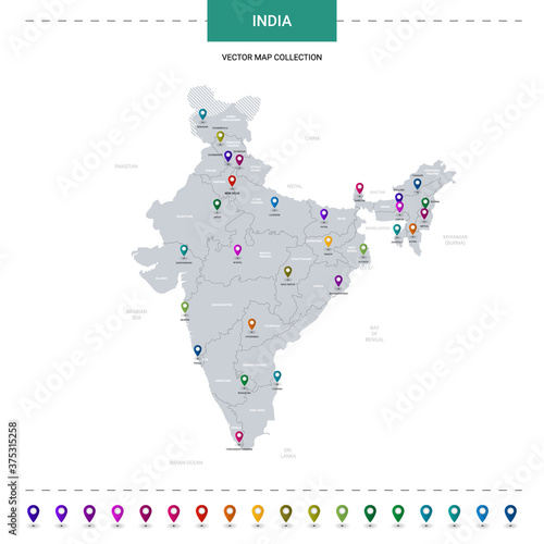 India map with location pointer marks. Infographic vector template, isolated on white background.