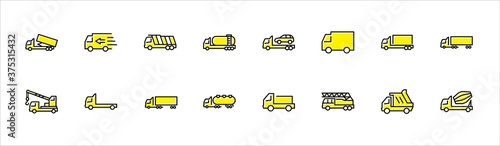 Truck Set of Transport Vector Line Icons. Contains such Icons as Truck, Transportation, Tow Truck, Cranes, Mixer, Garbage Truck, Manipulators, Delivery service and more. Editable Stroke. 32x32 Pixel