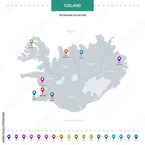 Iceland map with location pointer marks. Infographic vector template, isolated on white background.