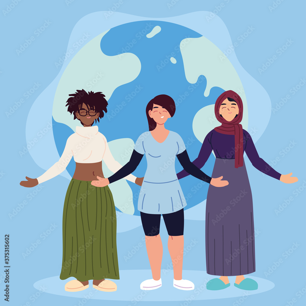 black latin and muslim women cartoons with world sphere vector design black latin and muslim women cartoons with world sphere vector design