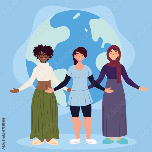 black latin and muslim women cartoons with world sphere vector design