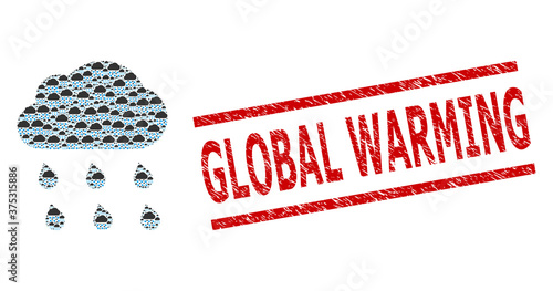 Fractal collage rain cloud and Global Warming grunge stamp seal. Vector mosaic is organized with repeating rain cloud parts. Stamp seal includes Global Warming caption between parallel lines.