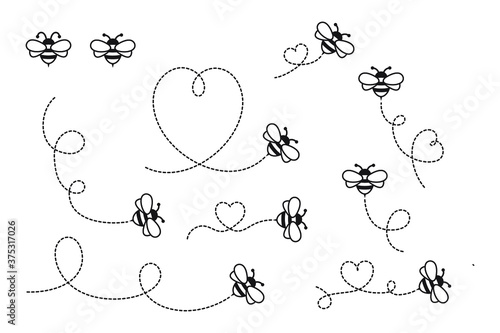Cartoon Bee Flying on a Heart Shaped Dotted Route