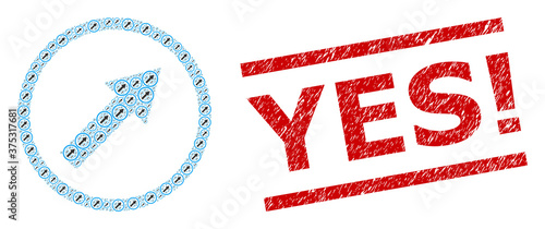Recursive mosaic up-right rounded arrow and Yes! grunge stamp imitation. Vector mosaic is designed from recursive up-right rounded arrow icons. Stamp includes Yes! caption between parallel lines.