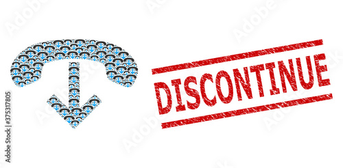 Recursive mosaic phone hang up and Discontinue unclean stamp seal. Vector collage is made from repeating phone hang up icons. Stamp seal includes Discontinue title between parallel lines.