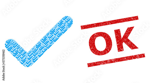 Recursive collage ok and OK dirty stamp seal. Vector collage is created with recursive ok parts. Stamp seal includes OK title between parallel lines.