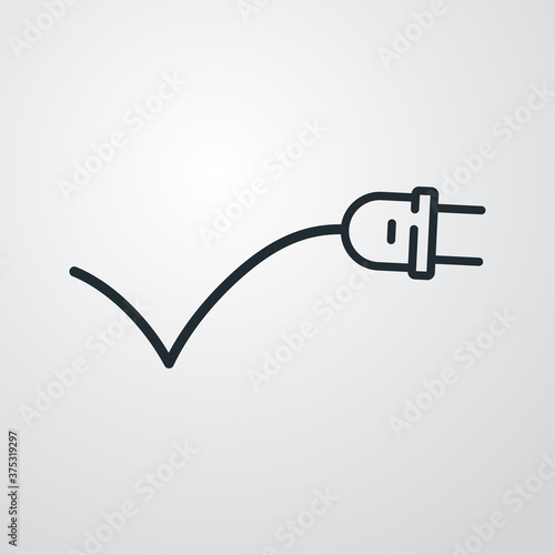 Concepto energía eléctrica. Logotipo lineal enchufe eléctrico con cable como check en fondo gris