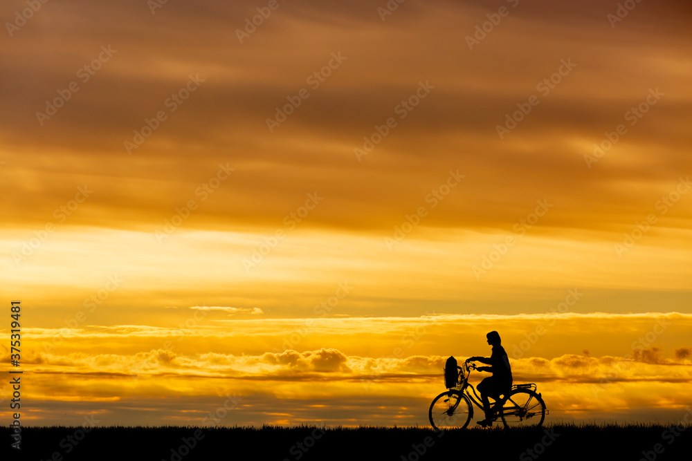 Fototapeta premium 夕陽を背景に自転車通学する女子高校生のシルエット