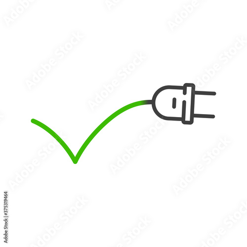 Concepto energía eléctrica. Logotipo lineal enchufe eléctrico con cable como check en verde y gris
