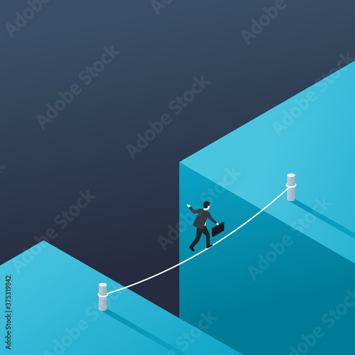 Business risk and dangerous management strategy concept - businessman walks over gap as tightrope walker - isometric conceptual illustration for banner or poster