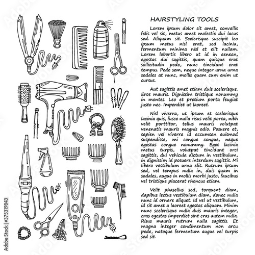 Hand drawn card template with hair styling tools including scissors, hair dryer, hair straightener, curling iron, comb, hairspray and others.Vector