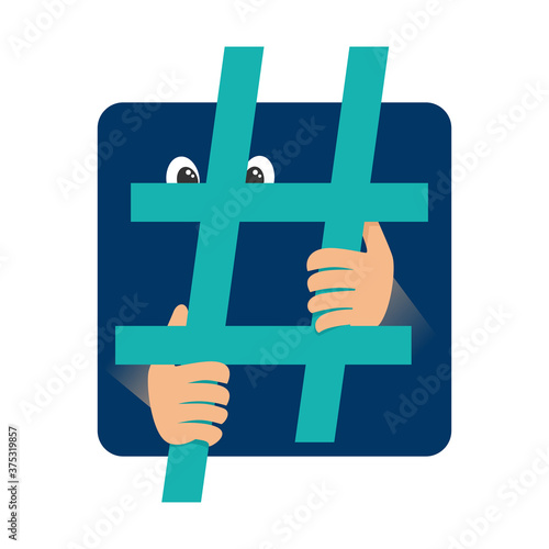 Social media addiction concept - sad human standing behind hashtag as a prison bar - pshychology thematical illustration of modern world problems