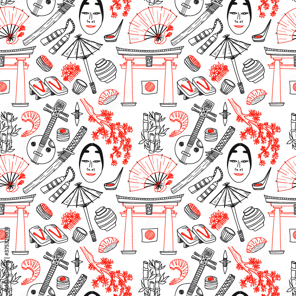 Seamless pattern with Japanese related hand drawn icons including sakura, Torii, food and others. Doodle vector Japanese related collection Seamless pattern with Japanese related hand drawn icons including sakura, Torii, food and others. Doodle vector Japanese related collection