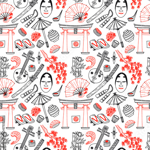 Seamless pattern with Japanese related hand drawn icons including sakura, Torii, food and others. Doodle vector Japanese related collection