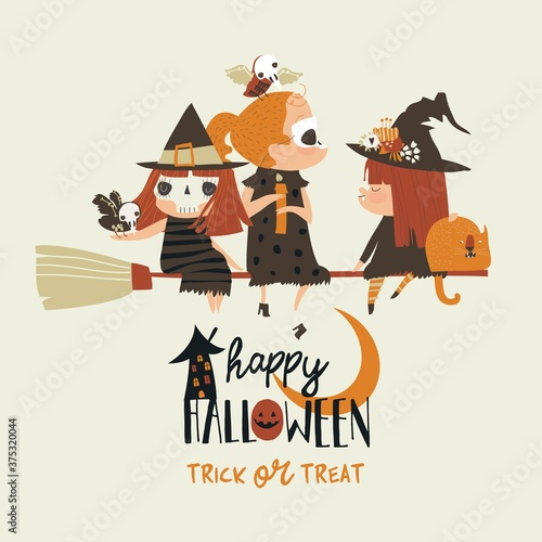Cute Halloween redheaded witches flying on broom