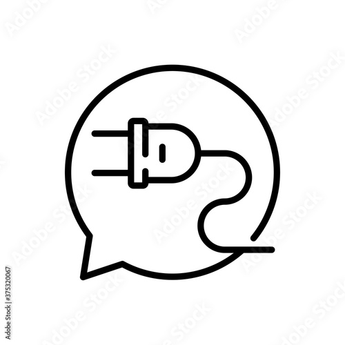 Concepto energía eléctrica. Logotipo lineal enchufe eléctrico con cable como burbuja de habla en color negro