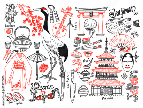Big set of Japanese related hand drawn icons including sakura, pagoda, teapots, food, kimono, fugu fish and others. Doodle vector Japanese related collection