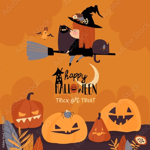 Cute Halloween redheaded witch flying on broom