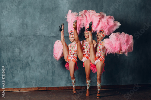 Print op canvas Three Women in cabaret costume with pink feathers plumage