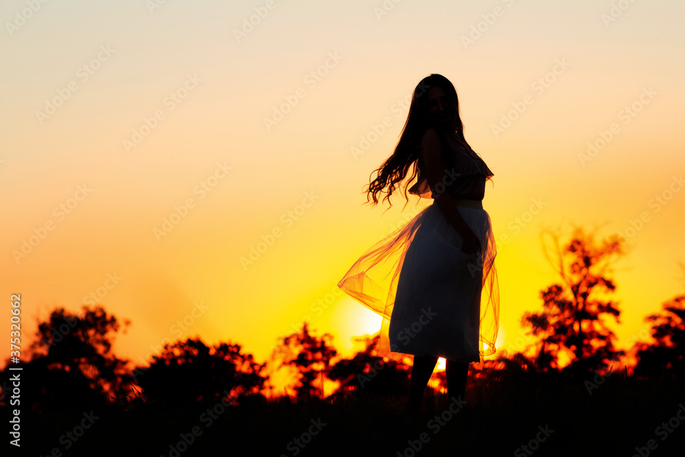 silhouette of beautiful dreamy girl in dress at sunset in a field, young woman with long hair enjoying nature