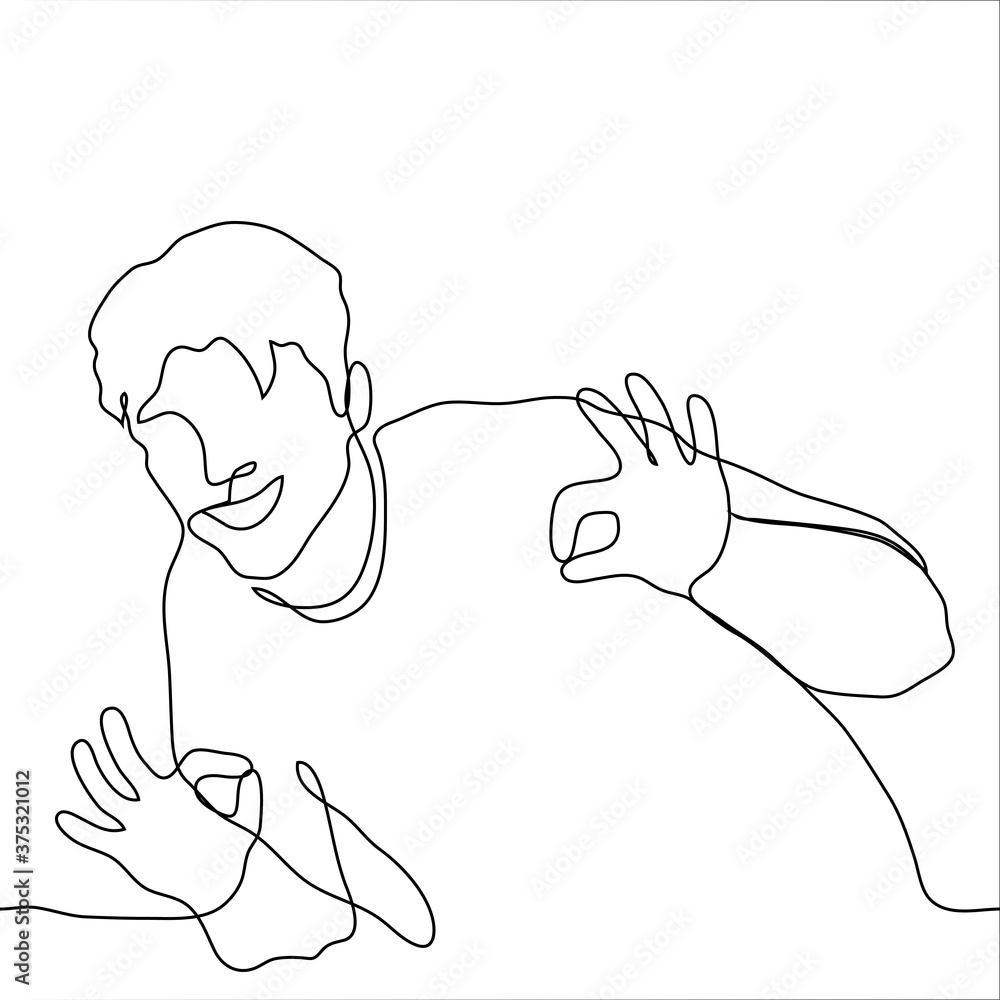 man bent over, smiles and shows with both hands an man bent over, smiles and shows with both hands an