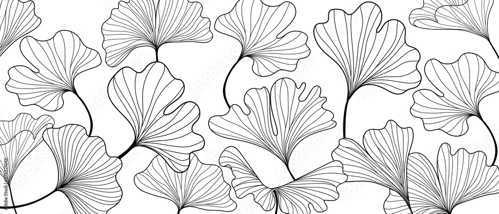 Ginkgo leaves background vector. Luxury black and white floral art deco wallpaper. Gold natural pattern design Vector illustration. - obrazy, fototapety, plakaty 