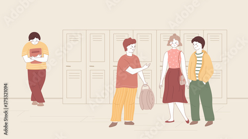 Sad student holding a book and stands apart from the company. Happy children talk. Problem in communication in school. Depressed teenager. Concept vector illustration. Vector people in interior