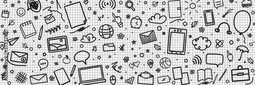 Back to school. Grid pattern. Checkered background with hand drawn school supplies