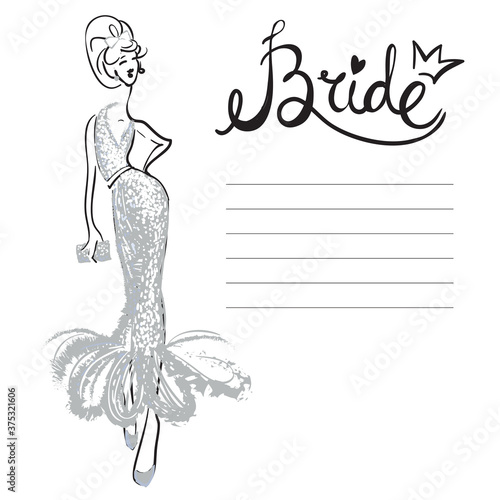 Fashion attractive wedding background with bride sign, lady, bride, bridesmaid. Beautiful hand drawn sketch on vintage background. Fashion, style, beauty, advertising greeting card, banner, design