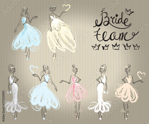 Fashion attractive wedding background with brides. Beautiful hand drawn sketch on vintage background. Fashion, style, beauty, advertising greeting card, banner, design