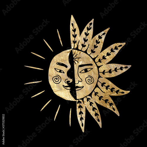 chic golden luxurious retro vintage engraving style. image of the sun and moon phases. culture of occultism. Vector graphics
