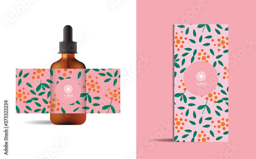 Nature cosmetic package mockup with gingko blue leaf flower pattern. And luxury logo for Spa, hotel, Resort, Branding concept. Vector illustration.