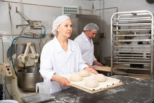 Female baker holding tray of dough in the kitchen of the bakery. High quality photo