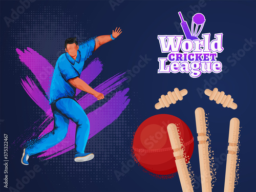 World Cricket League Text in Sticker Style with Noise Effect Player Character, Red Ball, Wickets and Purple Brush Stroke on Blue Halftone Background.