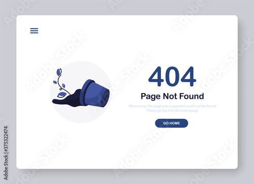 404 error page not found. Go to home banner. System error, broken page. Shattered pot with flower and soil. Popping window for website. Web Template. Blue. Eps 10