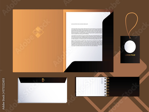 Black classic corporate identity stationery on brown background