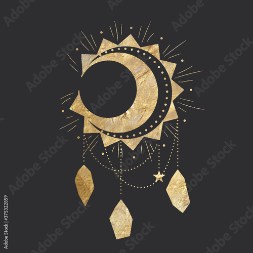 chic golden luxurious retro vintage engraving style. image of the sun and moon phases. culture of occultism. Vector graphics