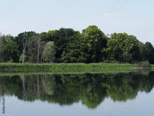 Landscapes reflected in waters of artificial breeding pond in european Goczalkowice town at Silesian district in Poland, clear blue sky in 2020 warm sunny spring day on June.