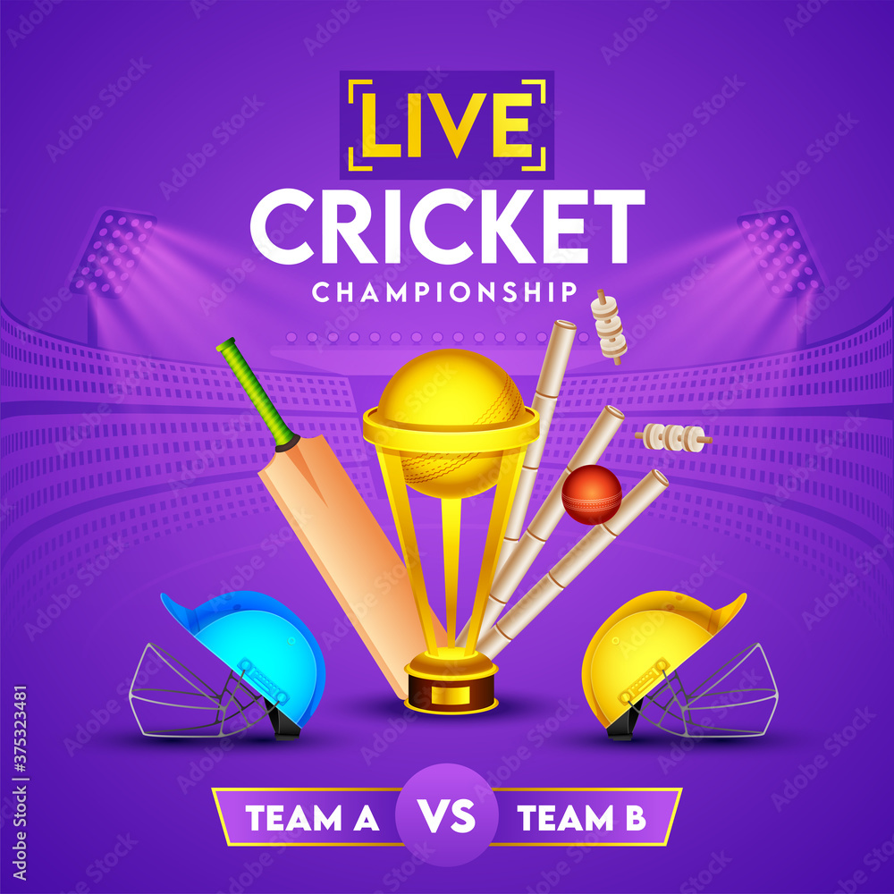 Live Cricket Championship Poster Design with Golden Trophy Cup