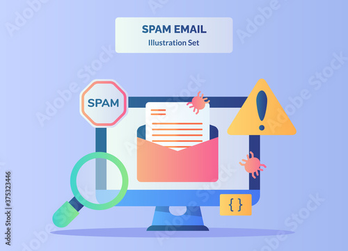 Spam email illustration set warning sign magnifying bug email on display monitor computer with flat style.