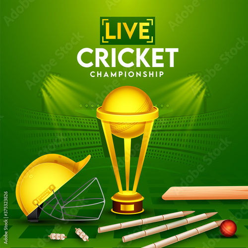 Live Cricket Championship Poster Design with Realistic Red Ball, Bat, Wickets, Helmet and Golden Trophy Cup on Green Stadium View Background.