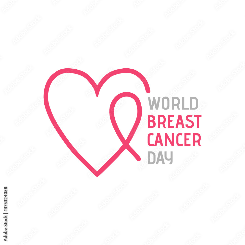 Pink ribbon with heart. Breast cancer awareness symbol. World Breast Cancer Day on October 15.