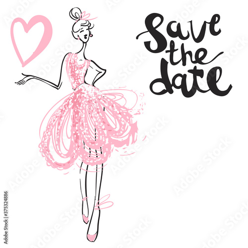 Fashion attractive wedding background with pink dress, pink heart, bride dress. Beautiful hand drawn sketch on white background. Fashion, style, beauty, advertising greeting card, banner.