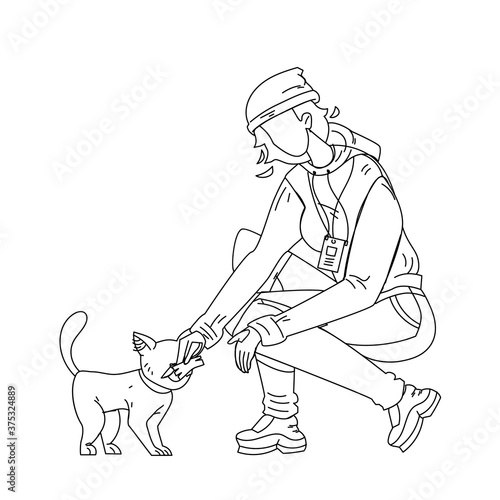 Woman Volunteer Feed Homeless Cat Vector Illustration