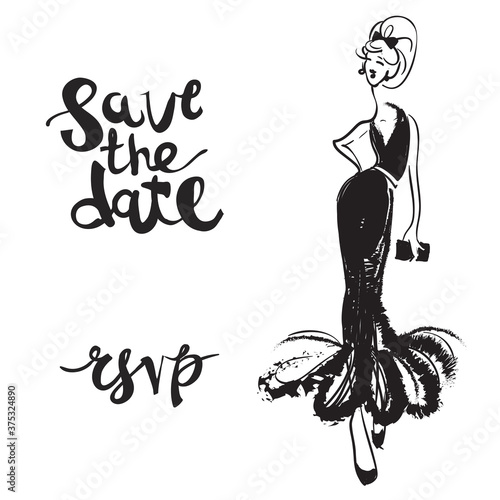 Fashion attractive wedding background with bride in black dress. Beautiful hand drawn sketch on white background. Fashion, style, beauty, advertising greeting card, banner.