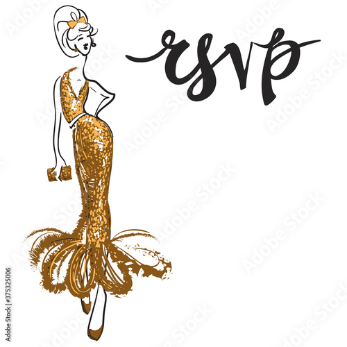 Attractive fashion wedding background with bride in glitter gold dress. Beautiful hand drawn sketch on white background. Fashion, style, beauty, advertising greeting card, banner.