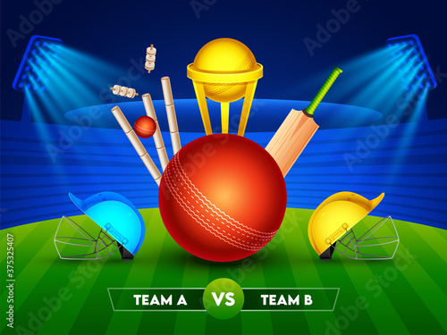 Realistic Cricket Equipment with Golden Trophy Cup and Two Helmet of Participants Team A & B on Glossy Stadium Background for Cricket Championship.