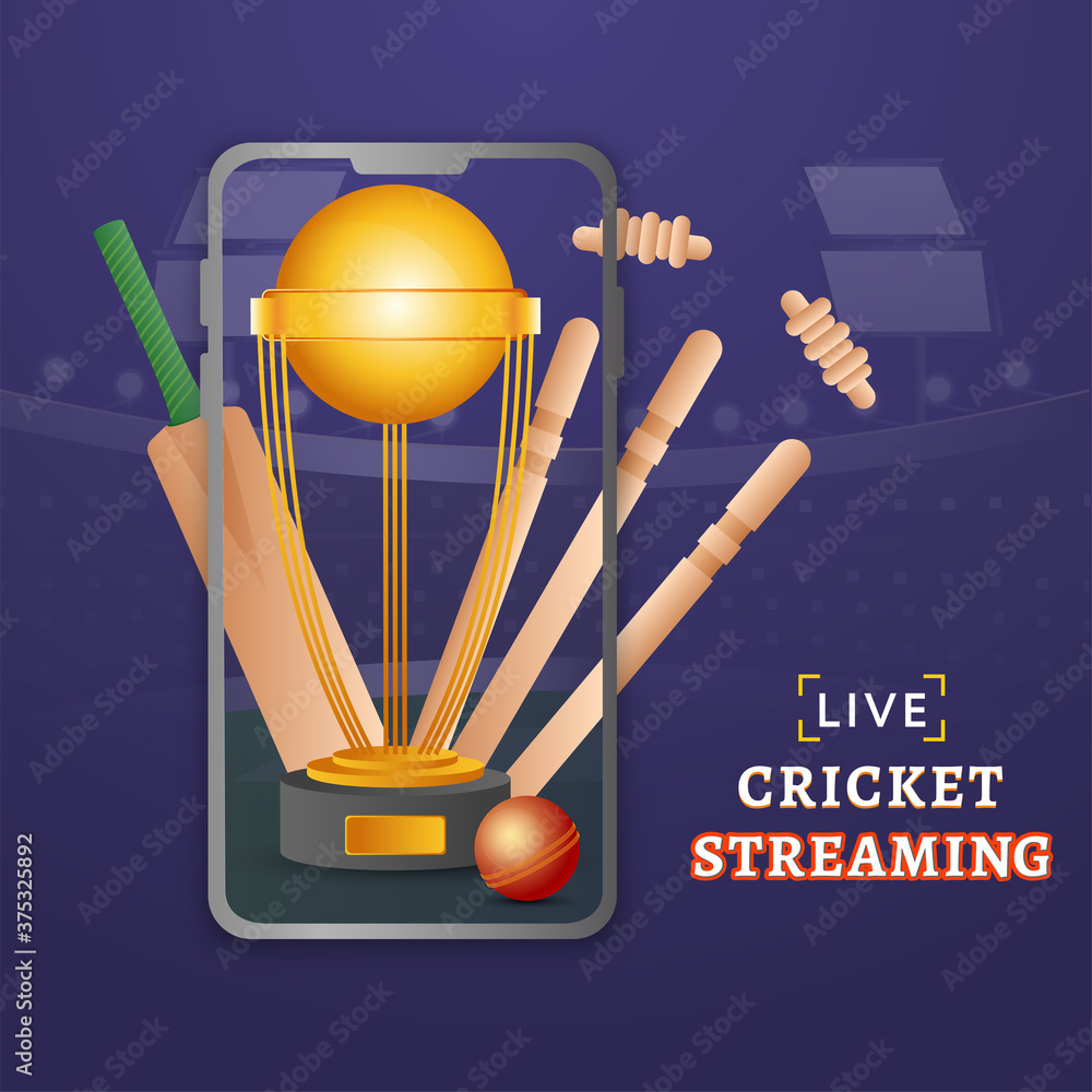 Live Cricket Streaming in Smartphone with Realistic Bat, Ball, Wicket Stumps and Golden Winning Trophy on Purple Background