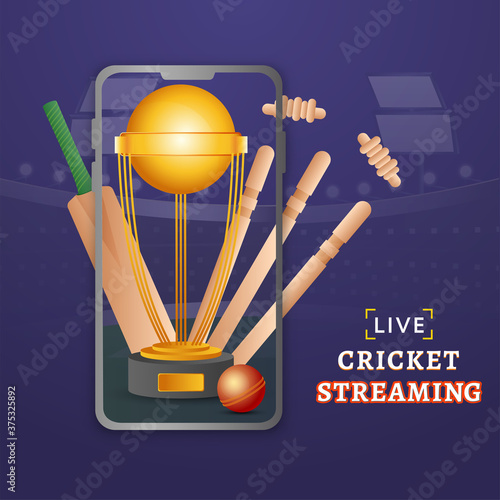 Live Cricket Streaming in Smartphone with Realistic Bat, Ball, Wicket Stumps and Golden Winning Trophy on Purple Background.